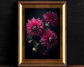May include: A framed print of a still life featuring three pink dahlia flowers in a dark background.