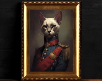May include: A white cat wearing a blue and red military uniform with gold accents is depicted in a framed portrait. The cat has a serious expression and is looking directly at the viewer.