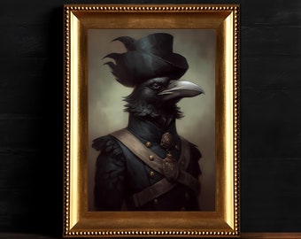 May include: A framed portrait of a crow wearing a black military uniform and a black hat with a gold trim. The crow has a serious expression and is looking directly at the viewer.