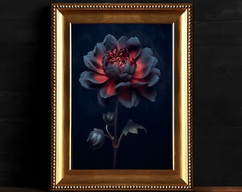 May include: A framed print of a single dark blue flower with a red center, set against a dark blue background.