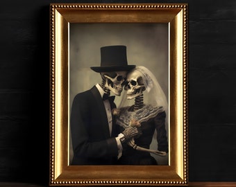 May include: A framed portrait of a skeleton couple dressed in formal attire. The male skeleton is wearing a black suit and a top hat. The female skeleton is wearing a white dress and a veil. The couple are looking at each other and smiling.