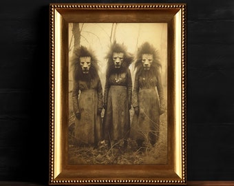 Creepy Lion Cult Print, Dark Decor, Vintage Photography, Witchy Decor, Digital Download Printable Dark Academia Wall Art