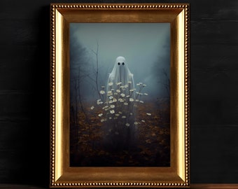 Ghost verstopt in een bos, spookachtige donkere Academia print, griezelig Halloween Home decor, digitale download, downloadbare occulte kunst aan de muur