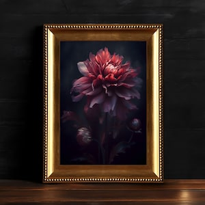 Dark Moody Dahlia, Gothic Floral Wall Art, Vintage Botanical Painting, Dark Floral Decor, Digital Download, Printable Dark Academia Wall Art