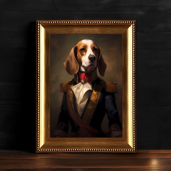 Victorian Beagle Vintage Portrait, Dog Painting, Animal Art Print, Goth Home Decor, Digital Download, Printable Dark Academia Wall Art