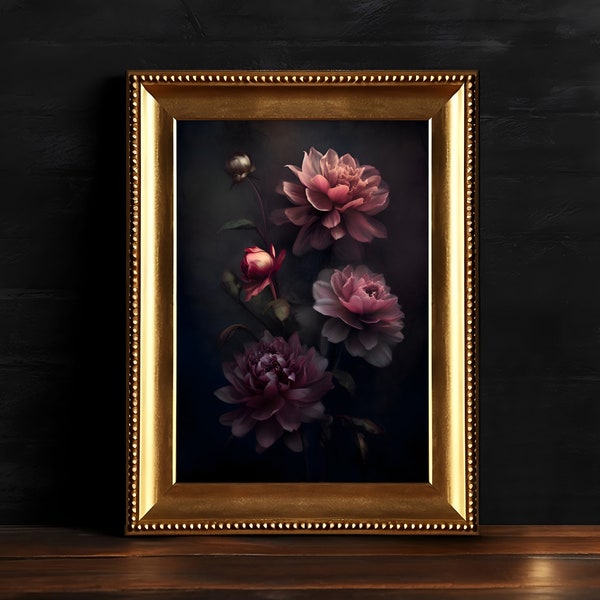 Dark Moody Dahlia, Gothic Floral, Vintage Botanical Painting, Dark Floral Decor, Digital Download, Printable Dark Academia Wall Art