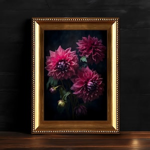 Dark Pink Dahlias, Gothic Floral, Vintage Botanical Painting, Dark Floral Decor, Digital Download, Printable Dark Academia Wall Art