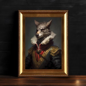 Victorian Wolf Vintage Portrait, Wolf Painting, Animal Art Print, Goth Home Decor, Digital Download Printable Dark Academia Wall Art