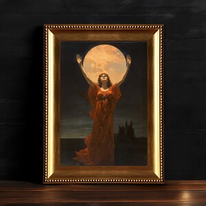 Lunar Worship Oil Painting Print, Occult Decor, Pagan Decor, Digital Download Printable Spiritual Wall Art