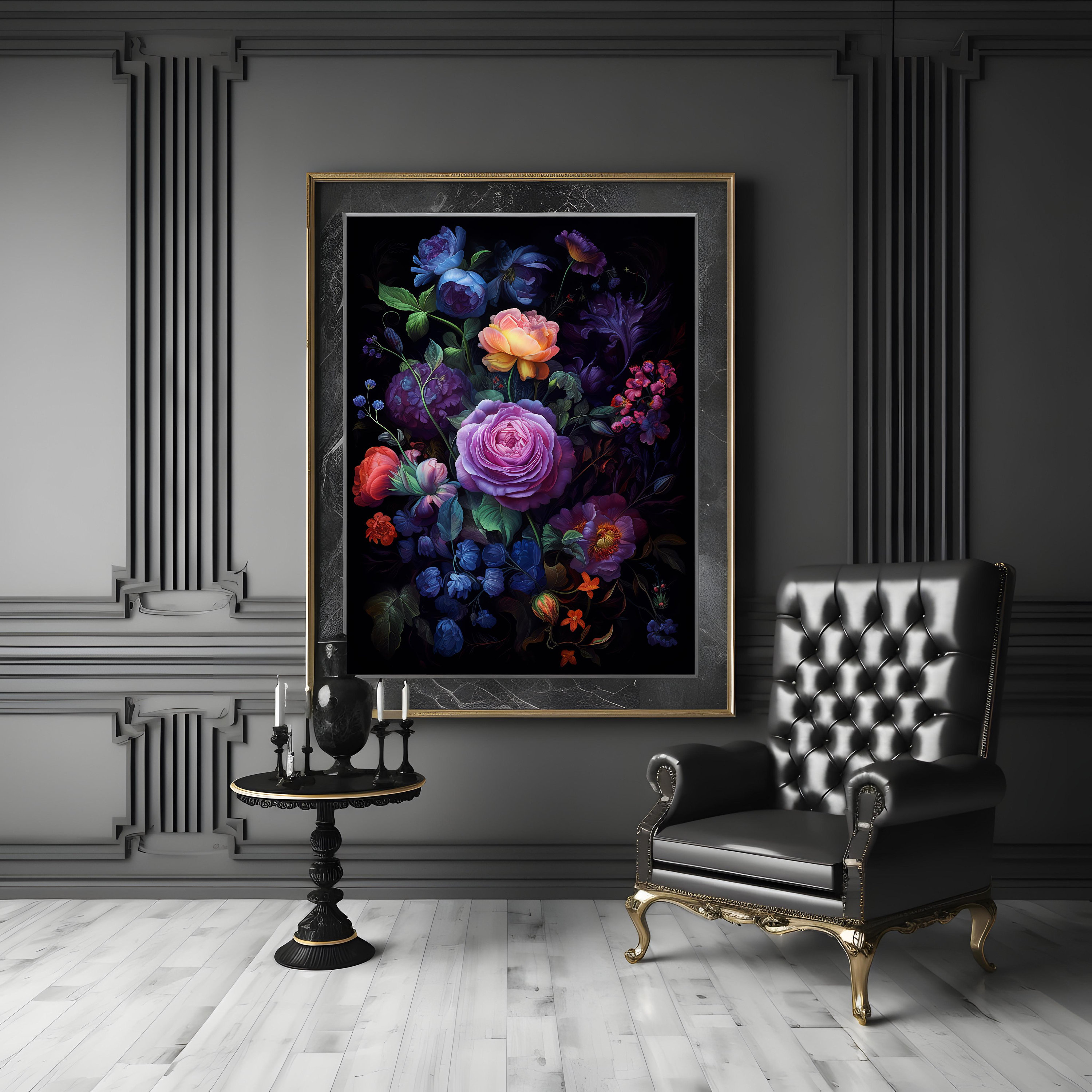 Set of 2 Printable Dark Floral Wall Art, Botanical Painting, Dark ...