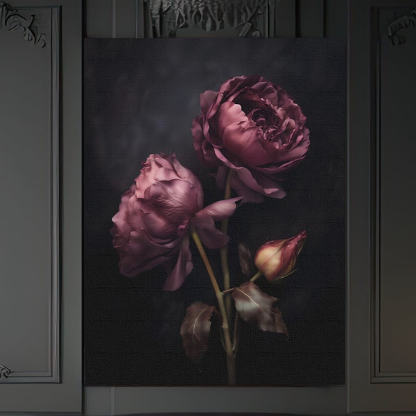Dark Moody Rose Canvas or Poster, Physical Print, Gothic Floral Wall Art, Botanical Painting, Dark Floral Decor, Dark Academia