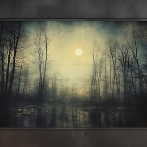 Lienzo o póster del bosque oscuro iluminado por la luna, arte de pared grungy, decoración oscura abstracta, paisaje académico oscuro