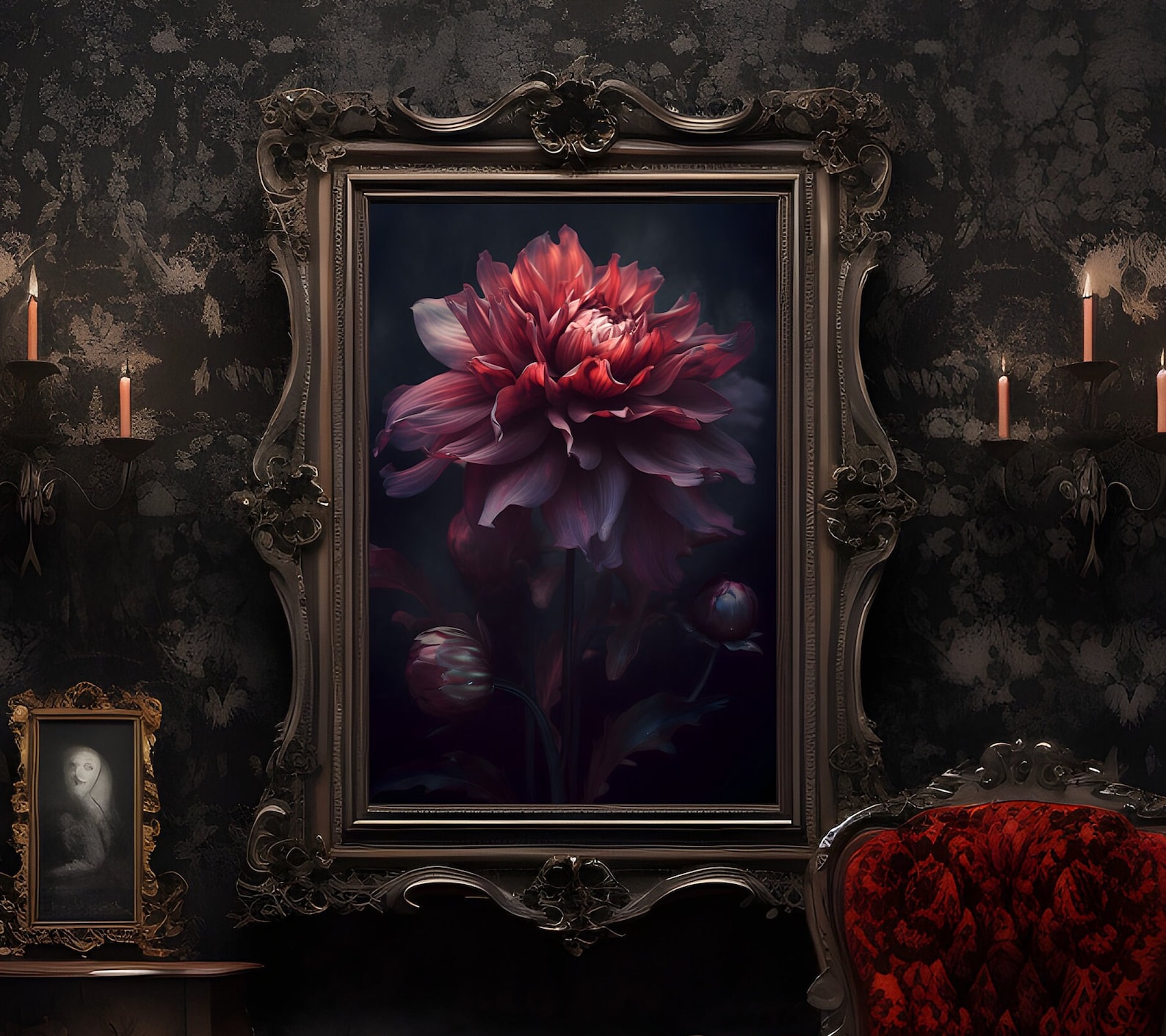Dark Moody Dahlia, Gothic Floral Wall Art, Vintage Botanical Painting ...