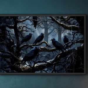 Dark Forest Crow Painting, Dark Academia Decor, Gothic Occult Poster, Witchy Digital Download, Printable Wall Art