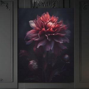 Dark Moody Dahlia Canvas or Poster, Physical Print, Gothic Floral Wall Art, Botanical Painting, Dark Floral Decor, Dark Academia