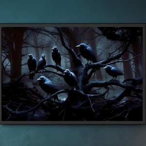 Dark Forest Crow Painting, Dark Academia Decor, Gothic Occult Poster, Witchy Digital Download, Printable Wall Art