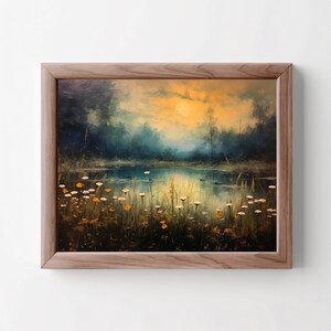 Printable Wildflower Field and Pond at Sunset, Country Landscape Oil Painting, Digital Download, Vintage Landscape Print, Country Field