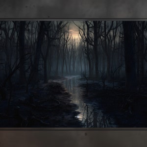 Moonlit Dark Forest Canvas or Poster, Physical Print, Gothic Wall Art, Dark Decor, Dark Academia Landscape