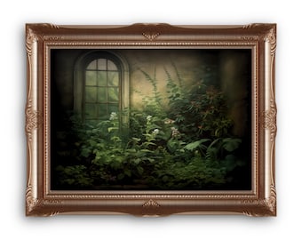 May include: A framed painting of a overgrown window in a stone building. The window is covered in vines and plants, and the light shines through the glass. The painting is in a dark, rustic style.
