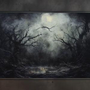 Lienzo o cartel del bosque oscuro brumoso iluminado por la luna, arte de pared grungy, decoración oscura abstracta, paisaje académico oscuro
