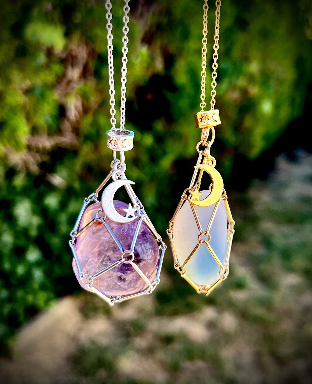 Handcrafted Interchangeable Crystal Necklace // Bar Link Pouch Pendant