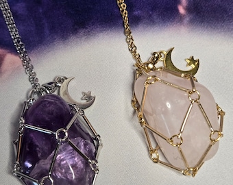 Handcrafted Interchangeable Crystal Necklace // Bar Link Pouch Pendant