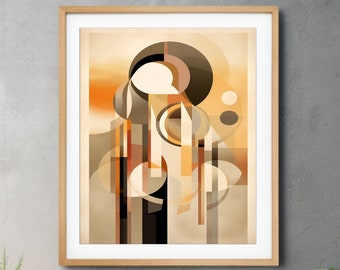 Abstract Geometric Boho Art Print, Minimalist Mid-century Modern Art-Deco Style in Neutral Colors, Home Staging, Digital Printable Download