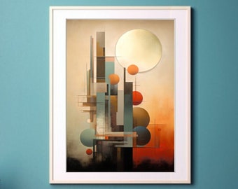 May include: Abstract geometric art print in a white frame with a blue, green, orange, and red color scheme. The print features a large circle in the center and smaller circles and rectangles surrounding it.