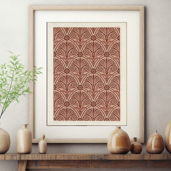 Antique Greek Pattern, Boho Chic Wall Art Print in Vintage Warm Colors, Eclectic Textile, Printable Digital Download, Home Interior Staging