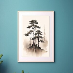 Pine Tree Watercolor Art Print, Silhouette, Forest, Evergreen, Neutral, Printable, Instant Digital download, Japanese, Interior Design,