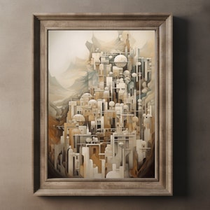 Abstract Geometric Art Print in Neutral Colors, Sci-Fi Fantasy Futuristic Primitive Desert City Illustration, Digital Printable Download