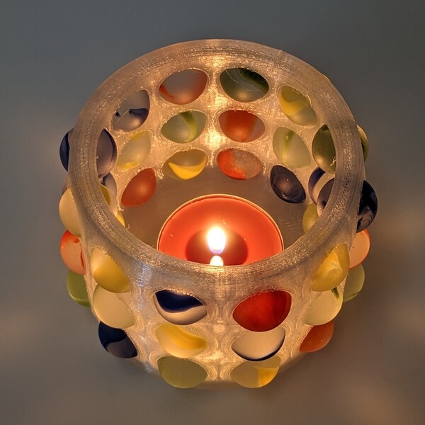 Tea Light Holder, 3D printed with trapped glass marbles