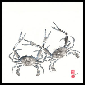 Mind Your Mannas - Granchi nuotatori blu - Stampa Gyotaku - Riproduzione su carta di cotone - Arte tradizionale oceanica di Colin Bartley