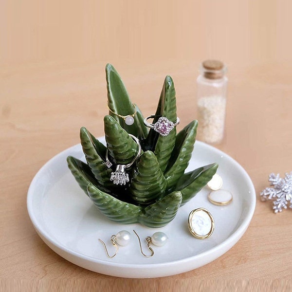 Aloe Vera Jewelry Organizer Tray With Ring Dish Holder Ceramic Trinket Tray Cute Ring Tray For Her | Jewelry Dish Ring Holder