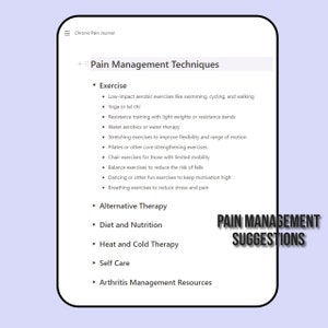 K&ouml;nnte beinhalten: Ein wei&szlig;es Blatt Papier mit einer blauen Kopfzeile, auf der "Chronic Pain Journal" steht. Die Seite listet Techniken zur Schmerzbew&auml;ltigung auf, darunter Bewegung, alternative Therapie, Ern&auml;hrung und Ern&auml;hrung, W&auml;rme- und K&auml;ltetherapie, Selbstpflege und Ressourcen zur Behandlung von Arthritis. Der Text "Schmerzmanagement-Vorschl&auml;ge" befindet sich in einem blauen Kasten am unteren Rand der Seite.
