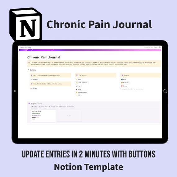 Notion Template: Chronic Pain Journal, Track your Pain in just 2 minutes with buttons, Pain Journal, Pain Tracker