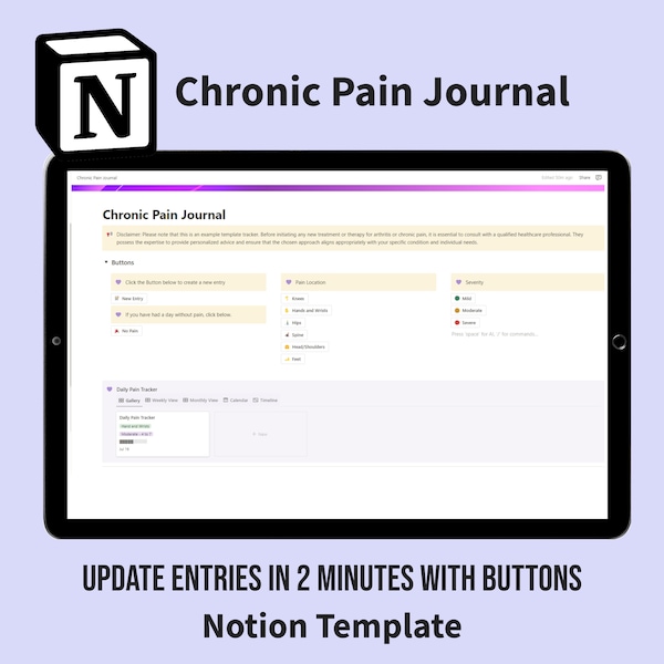 Notion Template: Chronic Pain Journal, Track your Pain in just 2 minutes with buttons, Pain Journal, Pain Tracker