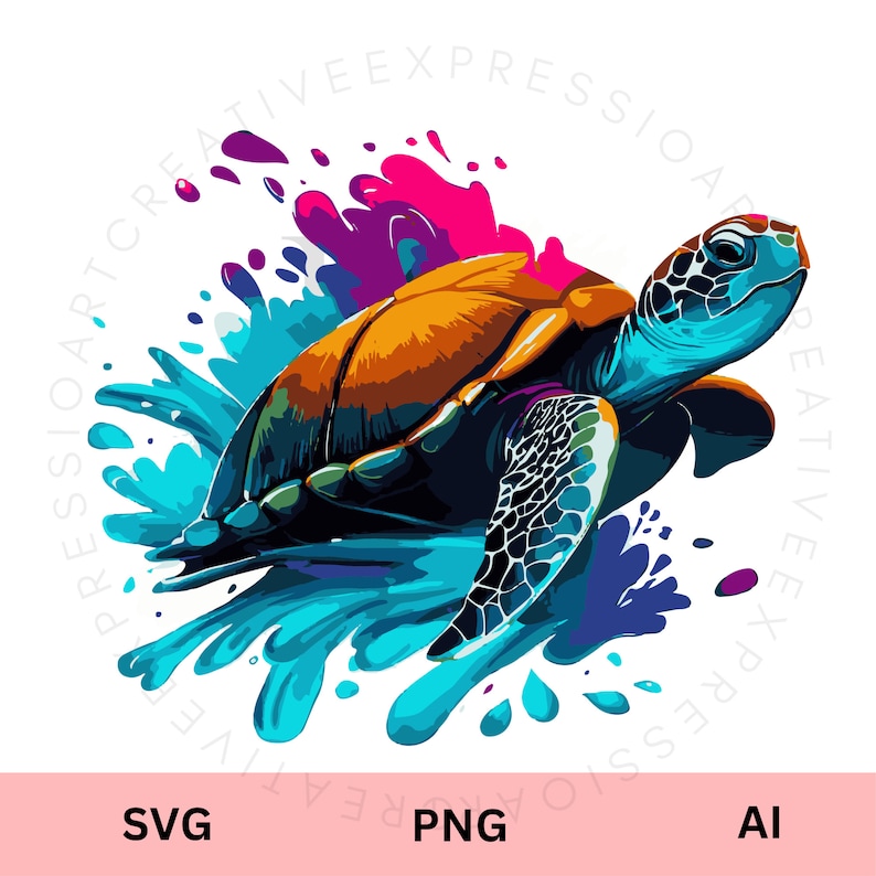 K&ouml;nnte beinhalten: Eine farbenfrohe Illustration einer Meeresschildkr&ouml;te, die durch einen Spritzer blauen, violetten und rosafarbenen Wassers schwimmt.