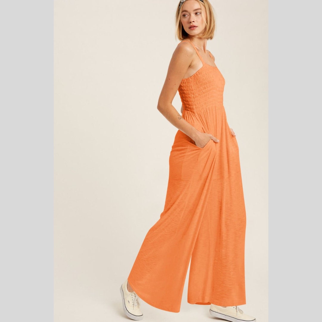 Smocked Square Neck Wide Leg Jumpsuit with Pockets