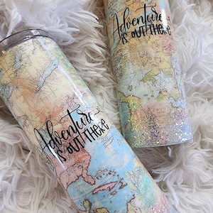 Adventure Awaits Map Glitter Tumbler, 20 oz Skinny Tumbler, World Traveler Tumbler, Travel Lover Gifts