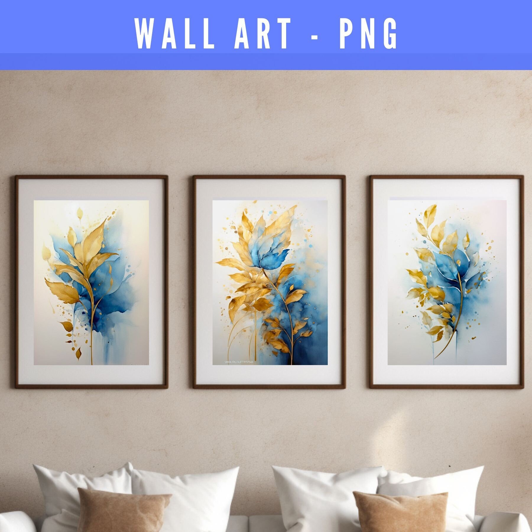 Gold Leaves Wall Art Gold Abstract Wall Prints Blue and Gold Etsy