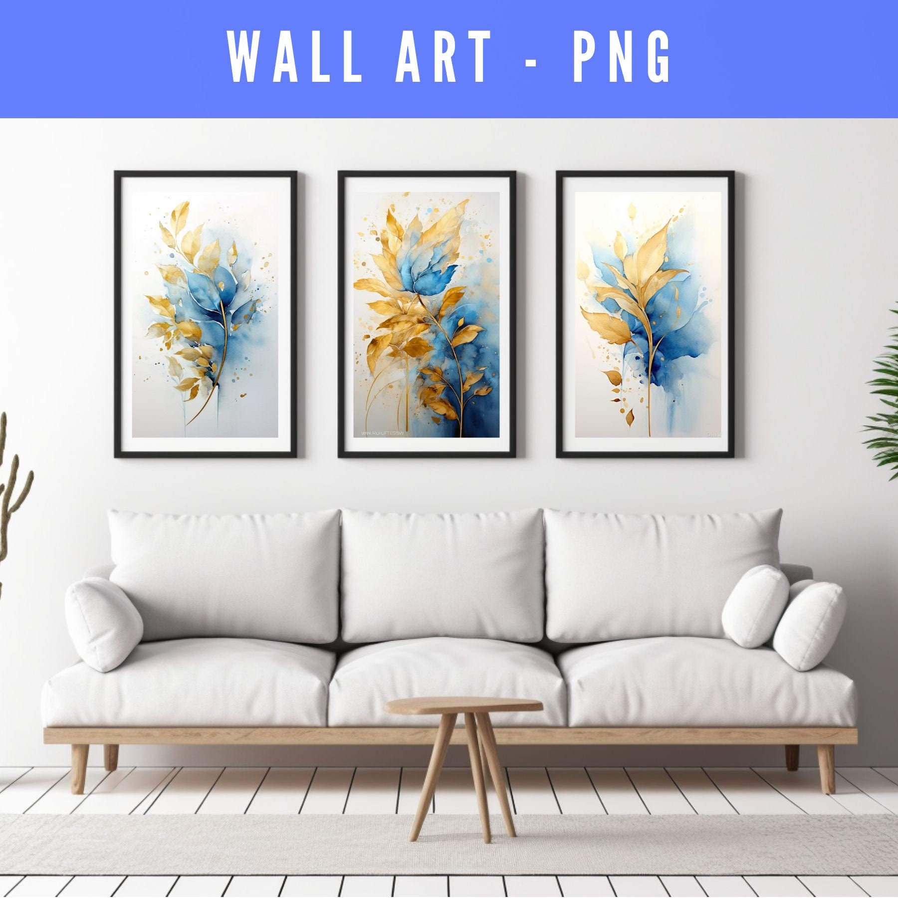 Gold Leaves Wall Art Gold Abstract Wall Prints Blue and Gold Etsy