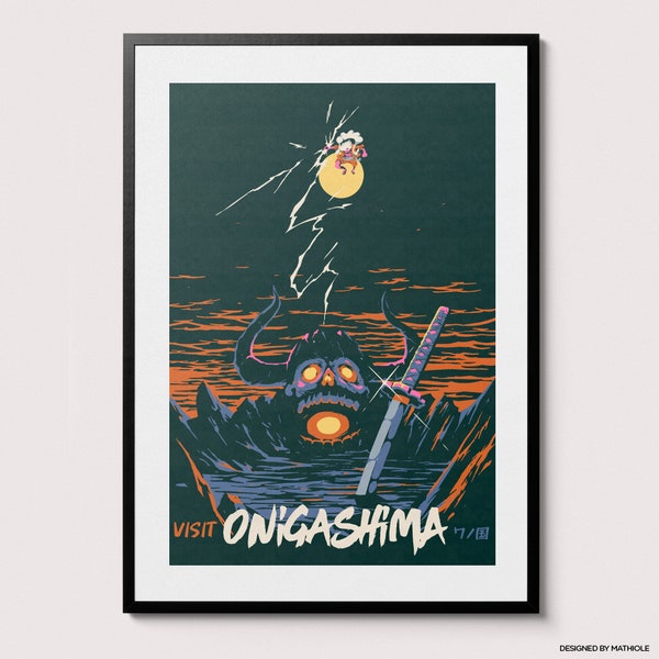 Visit Onigashima Poster - Vintage Retro Travel Poster, One Piece Minimalist Unique Design, Perfect Anime Gift