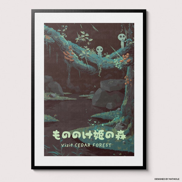 Visitez l’affiche de la forêt de cèdres - Rétro vintage Art Print, Mythical Adventure Print, Anime Lover Gift, anime des années 90, illustration aquarelle