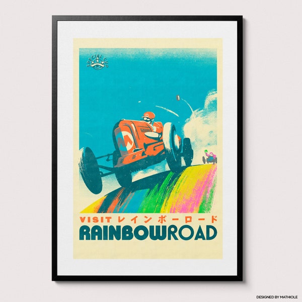 Visit Rainbow Road (Mario Kart) Travel Poster - Vintage Poster Print, Watercolor, Epic Gamer Gift