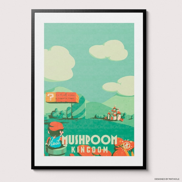 Visit Mario Mushroom Kingdom Poster - Art Print, Colorful Wall Art, Home Decor, Gift Idea, 80s Video Gamer, Best Gamer Gift, 80s Nostalgia