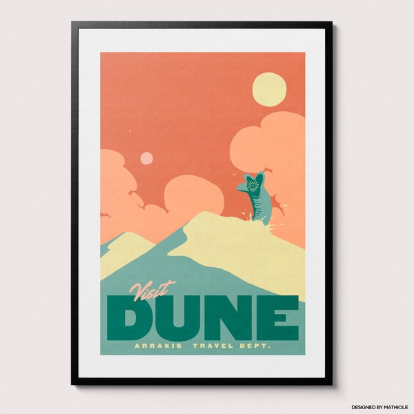 Visit Dune Travel Poster - Amazing Colorful Retro Illustration Art Print, Science Fiction Lover, Best Sci-Fi Gift, 80s Nostalgia