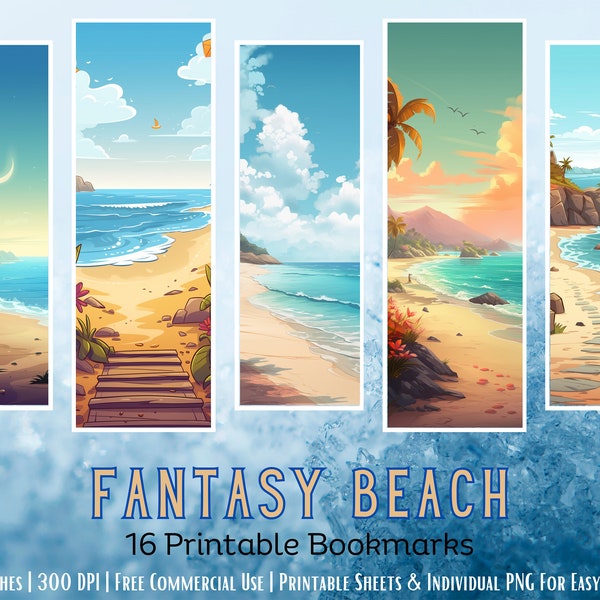 Fantasy Beach Printable Bookmarks Bundle, Set 16 Of  PNG/JPG Bookmark Designs, Nautical Resin Ocean Art, Waves, Sand, Beach