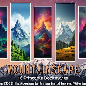 Mountains Printable Bookmarks Bundle, Set Of 16 PNG/JPG, Sublimation, Cricut, Silhouette Print And Cut, Commercial Use