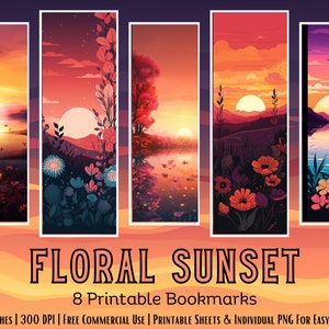 Floral Sunset Printable Bookmark Bundle, JPG Print And Cut Pages, 8 PNG Bookmark Sublimation, Sunsets, Commercial Use